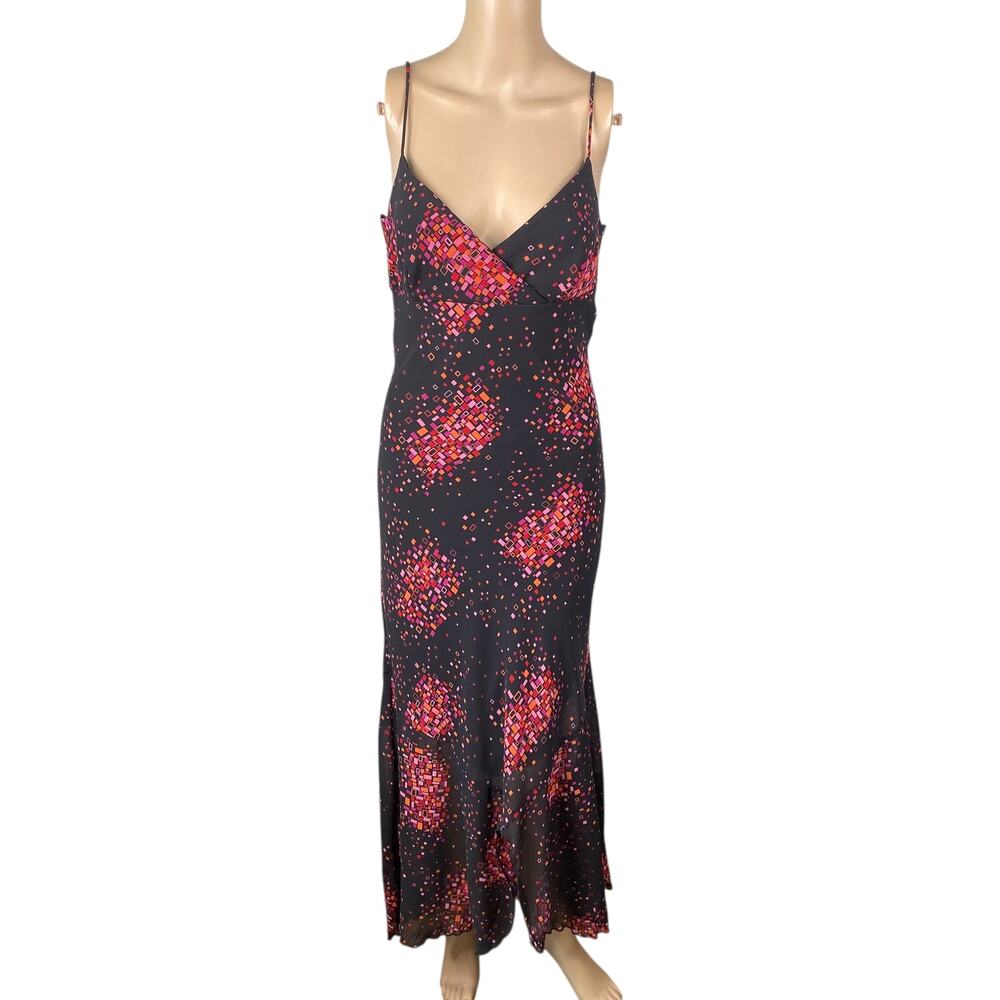 VTG La Belle Y2K Slip Dress S | Black Asymmetric Mesh Pixelated Whimsigoth Maxi